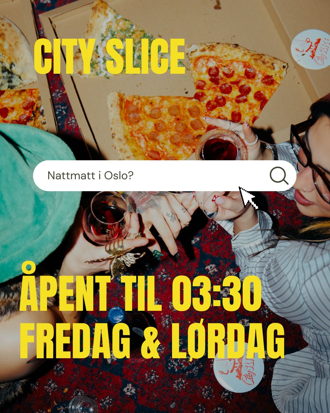 Innlegg for City Slice: søkefelt med teksten Nattmatt i Oslo og åpningstider